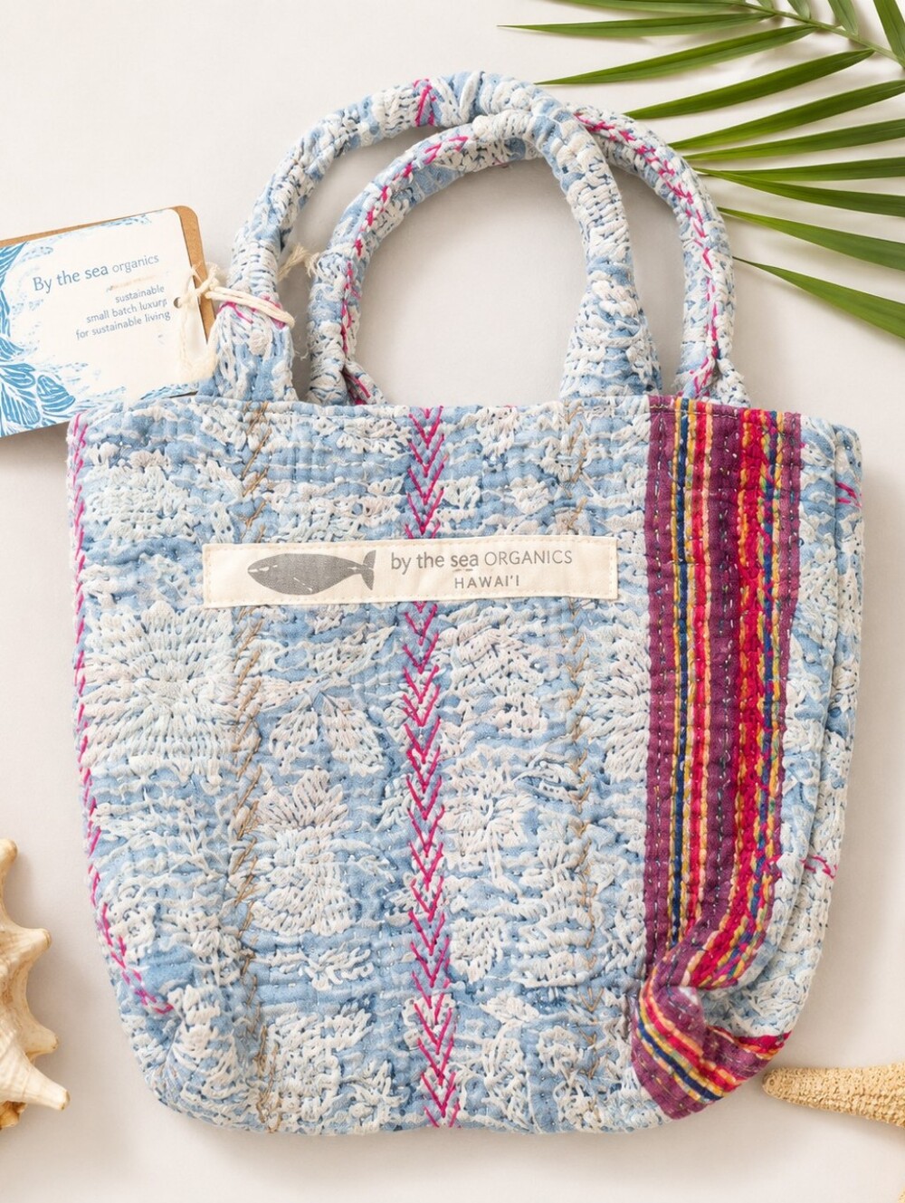 By the Sea Organics Kantha Mini Tote Blue Floral Handmade Quilted Boho Bag